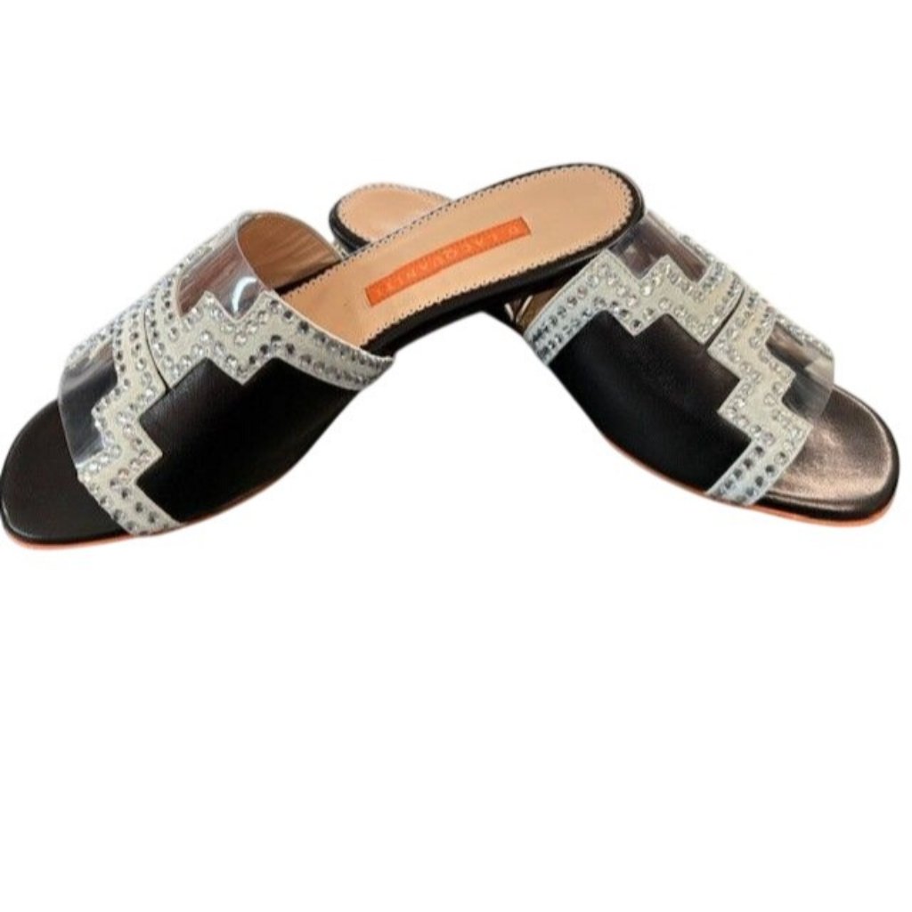D. Lacquaniti Crystal Embellished Black Leather & Clear Pvc Slide Sandals